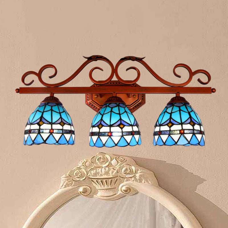 Blue Glass Bell Vanity Wall Light Mediterranean 3 Bulbs Copper Sconce Lighting with Scroll Arm Blue Clearhalo 'Art deco wall lights' 'Cast Iron' 'Glass' 'Industrial' 'Middle century wall lights' 'Modern' 'Tiffany wall lights' 'Tiffany' 'Traditional wall lights' 'Wall Lamps & Sconces' 'Wall Lights' Lighting' 982495