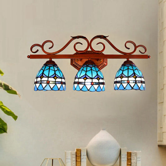 Blue Glass Bell Vanity Wall Light Mediterranean 3 Bulbs Copper Sconce Lighting with Scroll Arm Clearhalo 'Art deco wall lights' 'Cast Iron' 'Glass' 'Industrial' 'Middle century wall lights' 'Modern' 'Tiffany wall lights' 'Tiffany' 'Traditional wall lights' 'Wall Lamps & Sconces' 'Wall Lights' Lighting' 982496