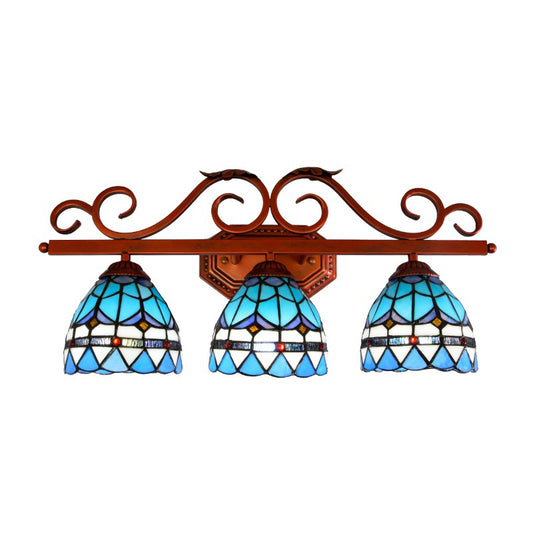 Blue Glass Bell Vanity Wall Light Mediterranean 3 Bulbs Copper Sconce Lighting with Scroll Arm Clearhalo 'Art deco wall lights' 'Cast Iron' 'Glass' 'Industrial' 'Middle century wall lights' 'Modern' 'Tiffany wall lights' 'Tiffany' 'Traditional wall lights' 'Wall Lamps & Sconces' 'Wall Lights' Lighting' 982497