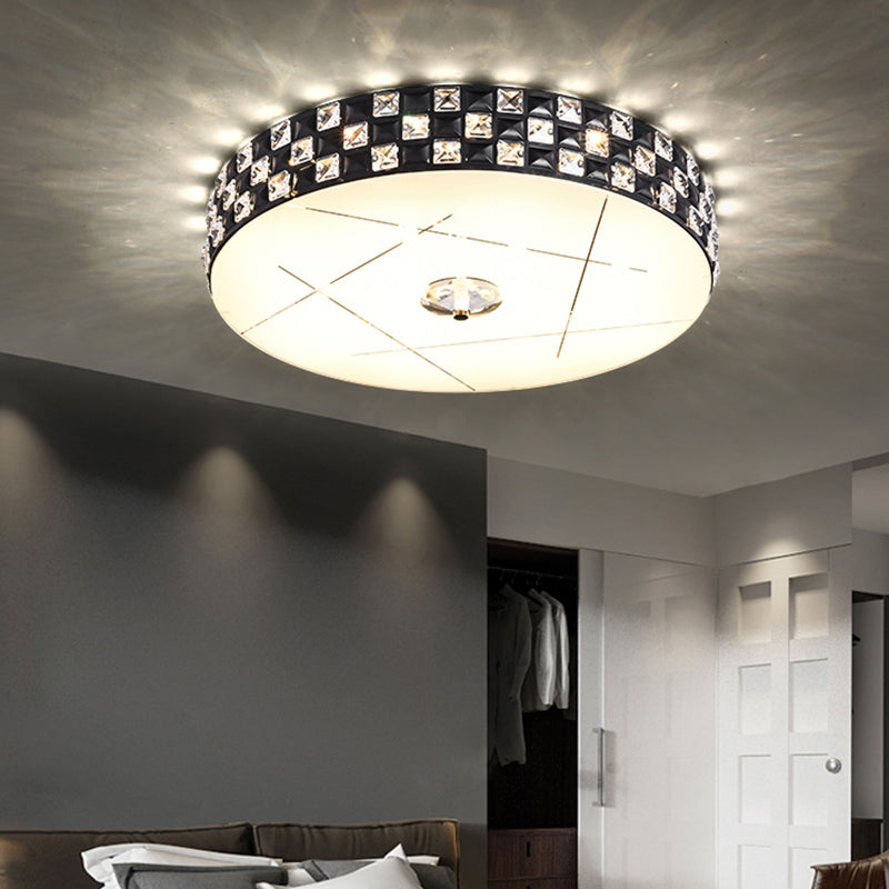 Crystal-Encrusted Round Ceiling Mounted Light Simple LED Black Flushmount Lamp for Bedroom