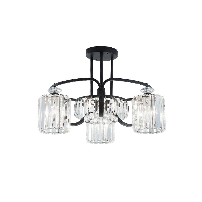 4/8 Heads Dining Room Semi Mount Lighting Modern Black Ceiling Lamp Fixture with Cylindrical Clear Crystal Block Shade Clearhalo 'Ceiling Lights' 'Close To Ceiling Lights' 'Close to ceiling' 'Semi-flushmount' Lighting' 982536