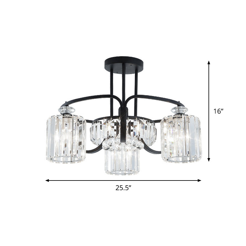 4/8 Heads Dining Room Semi Mount Lighting Modern Black Ceiling Lamp Fixture with Cylindrical Clear Crystal Block Shade Clearhalo 'Ceiling Lights' 'Close To Ceiling Lights' 'Close to ceiling' 'Semi-flushmount' Lighting' 982538