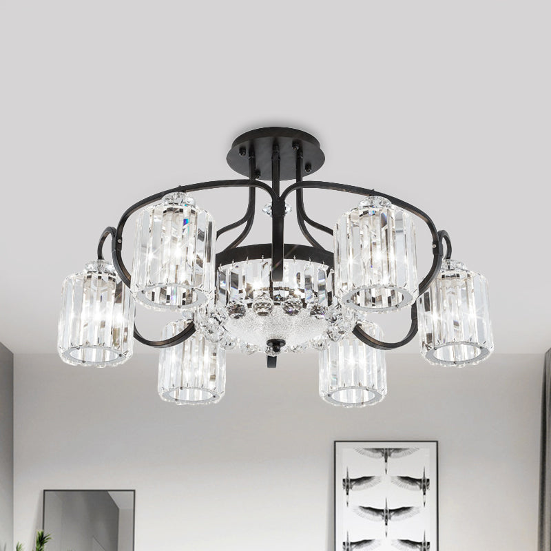 4/8 Heads Dining Room Semi Mount Lighting Modern Black Ceiling Lamp Fixture with Cylindrical Clear Crystal Block Shade 8 Clear Clearhalo 'Ceiling Lights' 'Close To Ceiling Lights' 'Close to ceiling' 'Semi-flushmount' Lighting' 982539