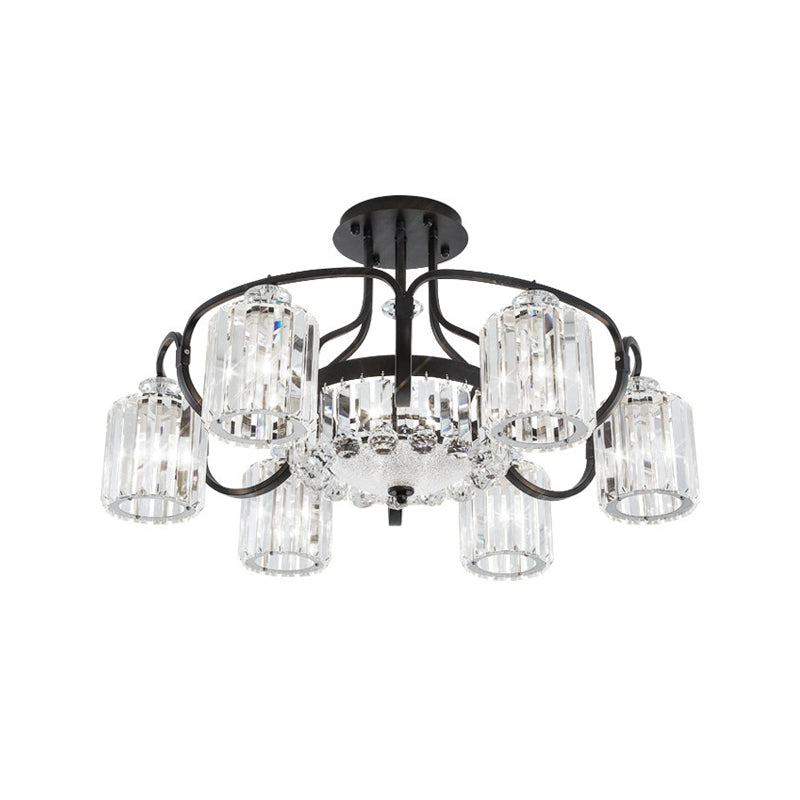 4/8 Heads Dining Room Semi Mount Lighting Modern Black Ceiling Lamp Fixture with Cylindrical Clear Crystal Block Shade Clearhalo 'Ceiling Lights' 'Close To Ceiling Lights' 'Close to ceiling' 'Semi-flushmount' Lighting' 982541