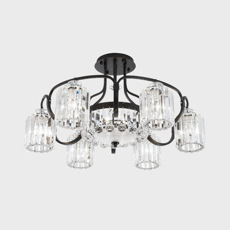 4/8 Heads Dining Room Semi Mount Lighting Modern Black Ceiling Lamp Fixture with Cylindrical Clear Crystal Block Shade Clearhalo 'Ceiling Lights' 'Close To Ceiling Lights' 'Close to ceiling' 'Semi-flushmount' Lighting' 982542