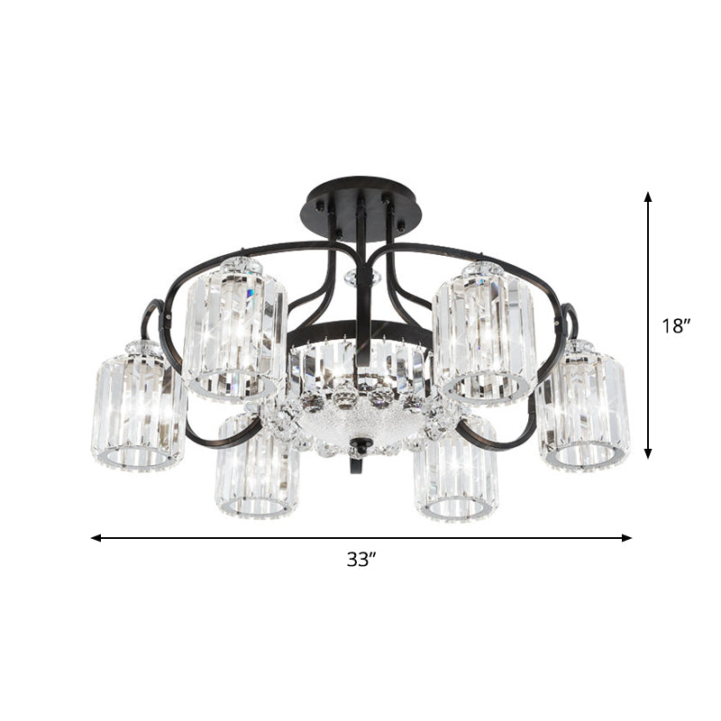 4/8 Heads Dining Room Semi Mount Lighting Modern Black Ceiling Lamp Fixture with Cylindrical Clear Crystal Block Shade Clearhalo 'Ceiling Lights' 'Close To Ceiling Lights' 'Close to ceiling' 'Semi-flushmount' Lighting' 982543