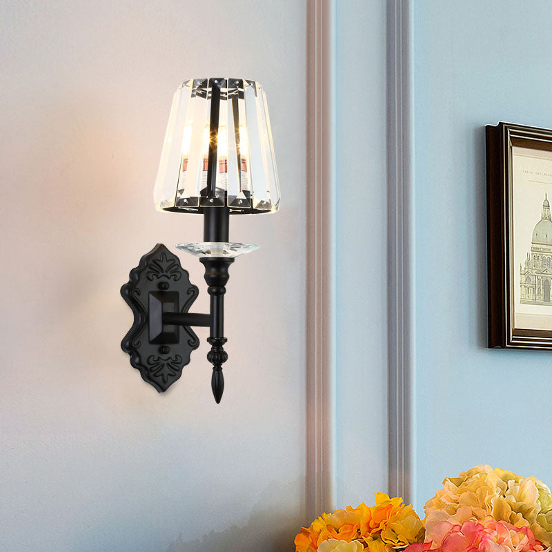 1/2-Light Bedside Wall Lighting Modernism Black Wall Mounted Lamp with Conic Crystal Block Shade 1.0 Black Clearhalo 'Cast Iron' 'Glass' 'Industrial' 'Modern wall lights' 'Modern' 'Tiffany' 'Traditional wall lights' 'Wall Lamps & Sconces' 'Wall Lights' Lighting' 982609