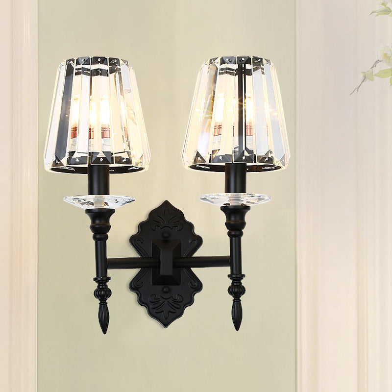 1/2-Light Bedside Wall Lighting Modernism Black Wall Mounted Lamp with Conic Crystal Block Shade 2.0 Black Clearhalo 'Cast Iron' 'Glass' 'Industrial' 'Modern wall lights' 'Modern' 'Tiffany' 'Traditional wall lights' 'Wall Lamps & Sconces' 'Wall Lights' Lighting' 982613