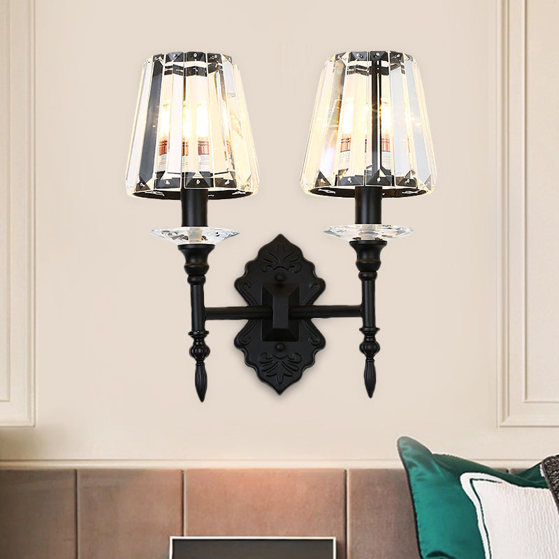 1/2-Light Bedside Wall Lighting Modernism Black Wall Mounted Lamp with Conic Crystal Block Shade Clearhalo 'Cast Iron' 'Glass' 'Industrial' 'Modern wall lights' 'Modern' 'Tiffany' 'Traditional wall lights' 'Wall Lamps & Sconces' 'Wall Lights' Lighting' 982615
