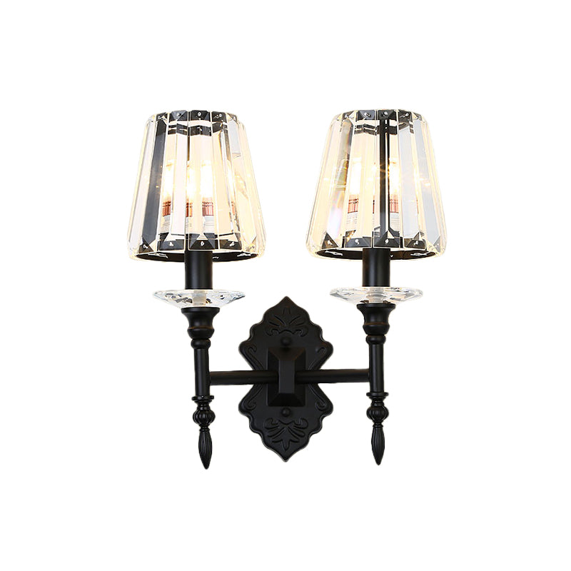 1/2-Light Bedside Wall Lighting Modernism Black Wall Mounted Lamp with Conic Crystal Block Shade Clearhalo 'Cast Iron' 'Glass' 'Industrial' 'Modern wall lights' 'Modern' 'Tiffany' 'Traditional wall lights' 'Wall Lamps & Sconces' 'Wall Lights' Lighting' 982616