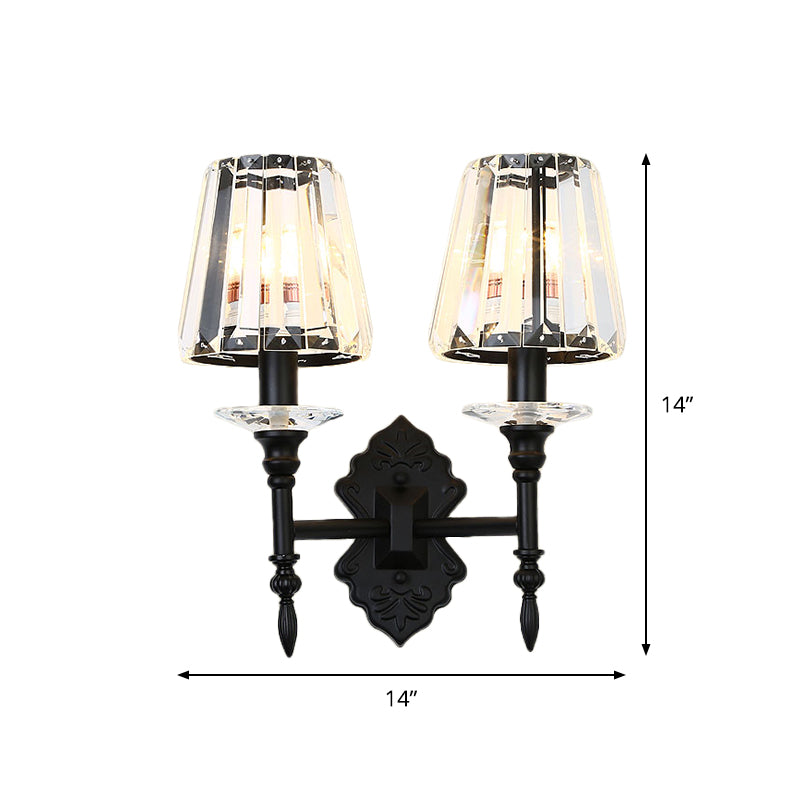 1/2-Light Bedside Wall Lighting Modernism Black Wall Mounted Lamp with Conic Crystal Block Shade Clearhalo 'Cast Iron' 'Glass' 'Industrial' 'Modern wall lights' 'Modern' 'Tiffany' 'Traditional wall lights' 'Wall Lamps & Sconces' 'Wall Lights' Lighting' 982617