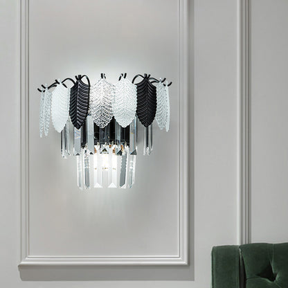 2-Layer Crystal Rectangle Sconce Light Fixture Modernist 3 Heads Black and White Wall Lamp with Leaf Acrylic Deco Black-White Clearhalo 'Cast Iron' 'Glass' 'Industrial' 'Modern wall lights' 'Modern' 'Tiffany' 'Traditional wall lights' 'Wall Lamps & Sconces' 'Wall Lights' Lighting' 982626