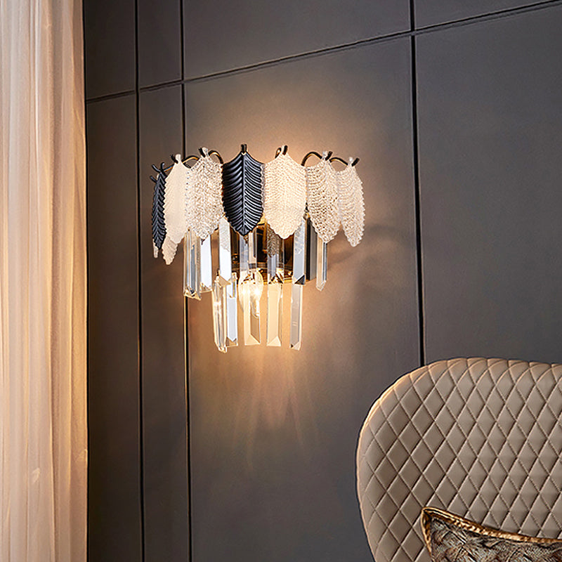 2-Layer Crystal Rectangle Sconce Light Fixture Modernist 3 Heads Black and White Wall Lamp with Leaf Acrylic Deco Clearhalo 'Cast Iron' 'Glass' 'Industrial' 'Modern wall lights' 'Modern' 'Tiffany' 'Traditional wall lights' 'Wall Lamps & Sconces' 'Wall Lights' Lighting' 982627