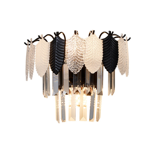 2-Layer Crystal Rectangle Sconce Light Fixture Modernist 3 Heads Black and White Wall Lamp with Leaf Acrylic Deco Clearhalo 'Cast Iron' 'Glass' 'Industrial' 'Modern wall lights' 'Modern' 'Tiffany' 'Traditional wall lights' 'Wall Lamps & Sconces' 'Wall Lights' Lighting' 982628