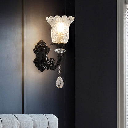 Minimalist 1/2-Bulb Wall Lighting with Clear Crystal Glass Shade Black Flower Wall Mount Lamp 1.0 Black Clearhalo 'Modern wall lights' 'Modern' 'Wall Lamps & Sconces' 'Wall Lights' Lighting' 982630