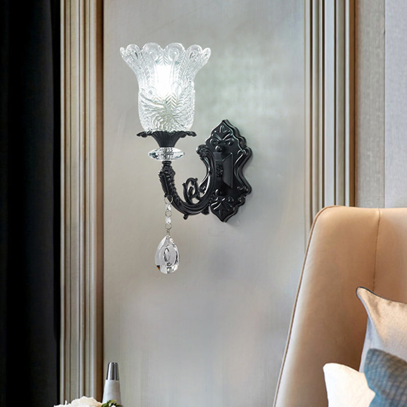 Minimalist 1/2-Bulb Wall Lighting with Clear Crystal Glass Shade Black Flower Wall Mount Lamp Clearhalo 'Modern wall lights' 'Modern' 'Wall Lamps & Sconces' 'Wall Lights' Lighting' 982631