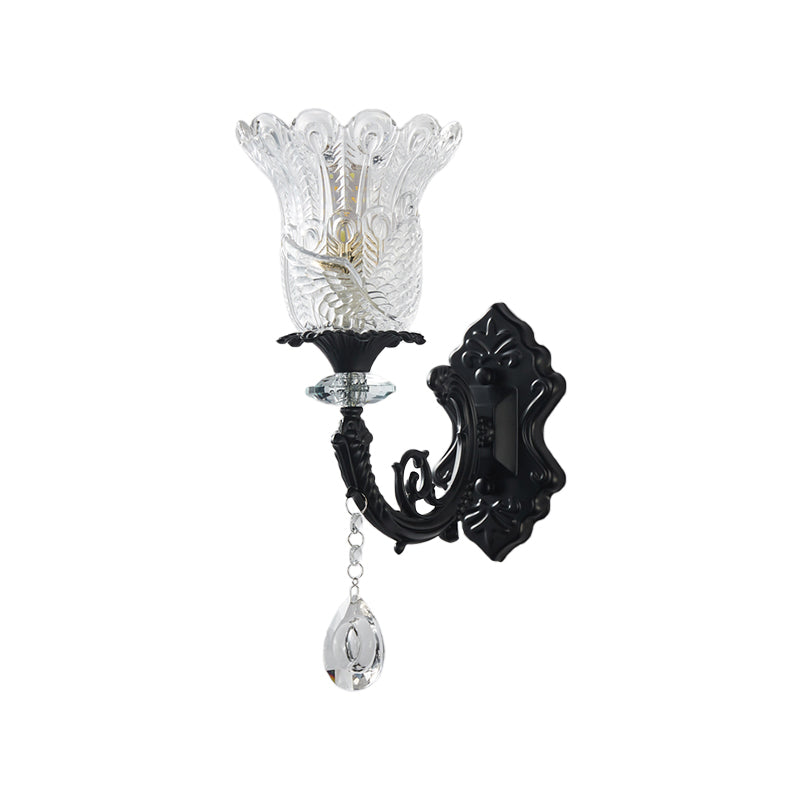 Minimalist 1/2-Bulb Wall Lighting with Clear Crystal Glass Shade Black Flower Wall Mount Lamp Clearhalo 'Modern wall lights' 'Modern' 'Wall Lamps & Sconces' 'Wall Lights' Lighting' 982632