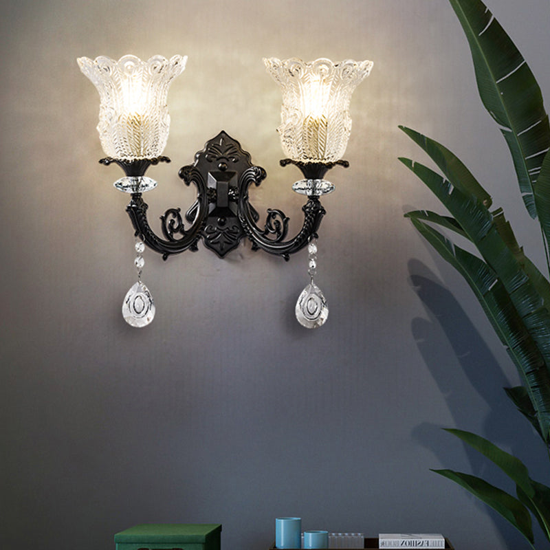 Minimalist 1/2-Bulb Wall Lighting with Clear Crystal Glass Shade Black Flower Wall Mount Lamp 2.0 Black Clearhalo 'Modern wall lights' 'Modern' 'Wall Lamps & Sconces' 'Wall Lights' Lighting' 982634