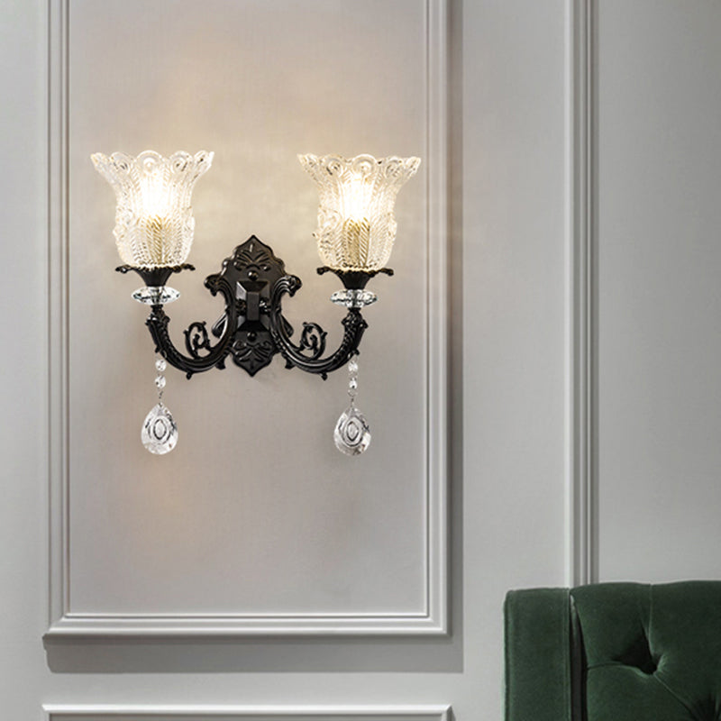 Minimalist 1/2-Bulb Wall Lighting with Clear Crystal Glass Shade Black Flower Wall Mount Lamp Clearhalo 'Modern wall lights' 'Modern' 'Wall Lamps & Sconces' 'Wall Lights' Lighting' 982635