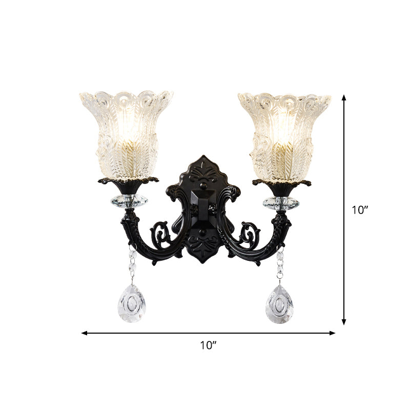 Minimalist 1/2-Bulb Wall Lighting with Clear Crystal Glass Shade Black Flower Wall Mount Lamp Clearhalo 'Modern wall lights' 'Modern' 'Wall Lamps & Sconces' 'Wall Lights' Lighting' 982638