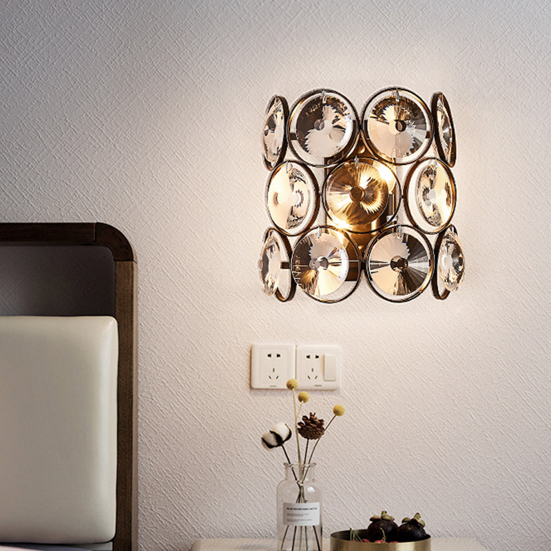 Half Cylinder Sconce Lighting Modernist Crystal 2-Head Living Room Wall Lamp Fixture in Black Clearhalo 'Cast Iron' 'Glass' 'Industrial' 'Modern wall lights' 'Modern' 'Tiffany' 'Traditional wall lights' 'Wall Lamps & Sconces' 'Wall Lights' Lighting' 982644