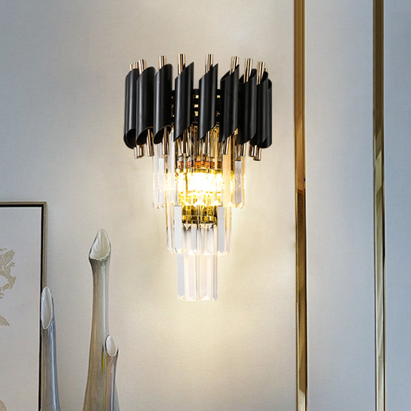 Rectangle-Cut Crystal Tiered Wall Sconce Contemporary 2 Lights Black Finish Wall Mounted Lamp Black Clearhalo 'Cast Iron' 'Glass' 'Industrial' 'Modern wall lights' 'Modern' 'Tiffany' 'Traditional wall lights' 'Wall Lamps & Sconces' 'Wall Lights' Lighting' 982647