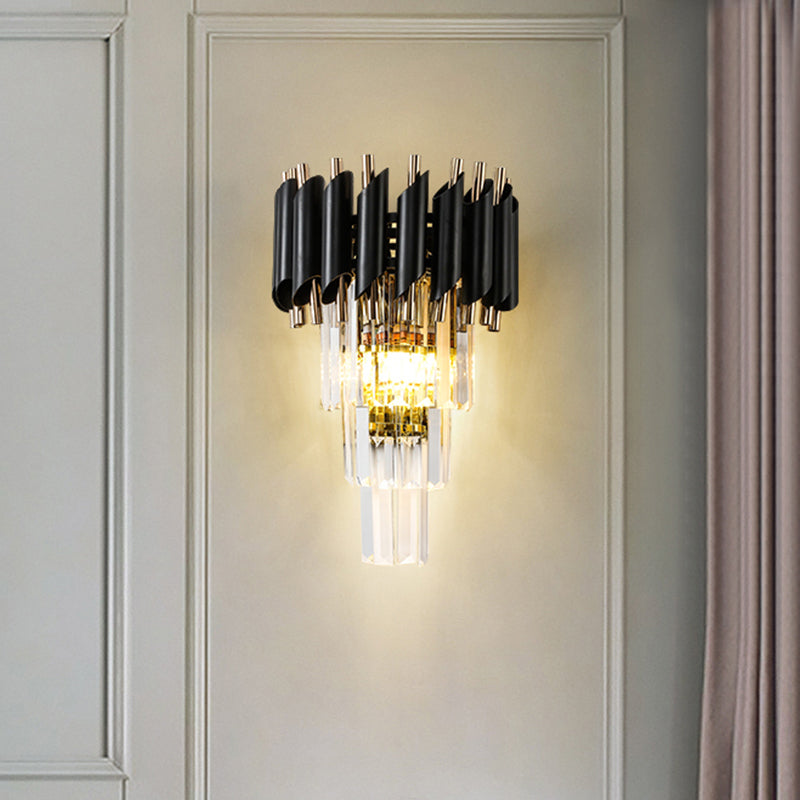 Rectangle-Cut Crystal Tiered Wall Sconce Contemporary 2 Lights Black Finish Wall Mounted Lamp Clearhalo 'Cast Iron' 'Glass' 'Industrial' 'Modern wall lights' 'Modern' 'Tiffany' 'Traditional wall lights' 'Wall Lamps & Sconces' 'Wall Lights' Lighting' 982648