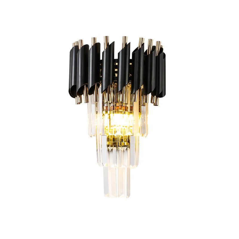 Rectangle-Cut Crystal Tiered Wall Sconce Contemporary 2 Lights Black Finish Wall Mounted Lamp Clearhalo 'Cast Iron' 'Glass' 'Industrial' 'Modern wall lights' 'Modern' 'Tiffany' 'Traditional wall lights' 'Wall Lamps & Sconces' 'Wall Lights' Lighting' 982649