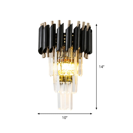 Rectangle-Cut Crystal Tiered Wall Sconce Contemporary 2 Lights Black Finish Wall Mounted Lamp Clearhalo 'Cast Iron' 'Glass' 'Industrial' 'Modern wall lights' 'Modern' 'Tiffany' 'Traditional wall lights' 'Wall Lamps & Sconces' 'Wall Lights' Lighting' 982650