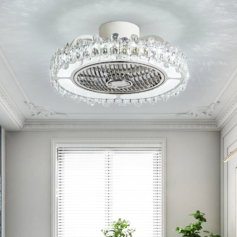 19.5" Wide Round Pendant Fan Lamp Modernism Faceted Crystal LED Bedroom Flushmount in White White Clearhalo 'Ceiling Fans with Lights' 'Ceiling Fans' 'Modern Ceiling Fans' 'Modern' Lighting' 982651