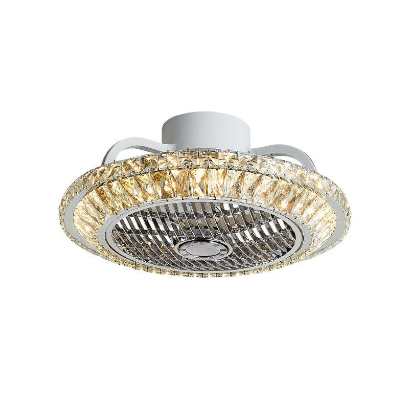 White Finish Round Hanging Fan Light Modern K9 Crystal Block LED Flush Ceiling Lamp Fixture, 19.5" W Clearhalo 'Ceiling Fans with Lights' 'Ceiling Fans' 'Modern Ceiling Fans' 'Modern' Lighting' 982656