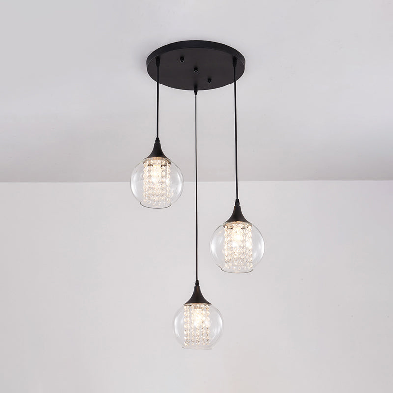Simple Style Globe Multi Ceiling Light Clear Glass 3 Bulbs Dining Room Hanging Lamp in Black, Round/Linear Canopy Clearhalo 'Ceiling Lights' 'Glass shade' 'Glass' 'Modern Pendants' 'Modern' 'Pendant Lights' 'Pendants' Lighting' 982664