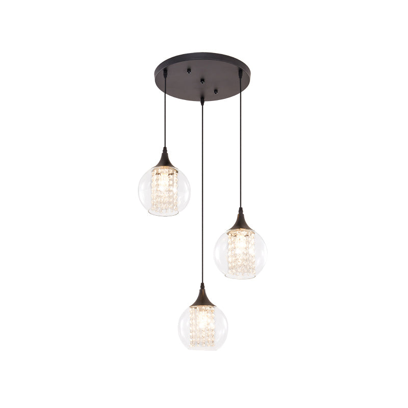 Simple Style Globe Multi Ceiling Light Clear Glass 3 Bulbs Dining Room Hanging Lamp in Black, Round/Linear Canopy Clearhalo 'Ceiling Lights' 'Glass shade' 'Glass' 'Modern Pendants' 'Modern' 'Pendant Lights' 'Pendants' Lighting' 982665