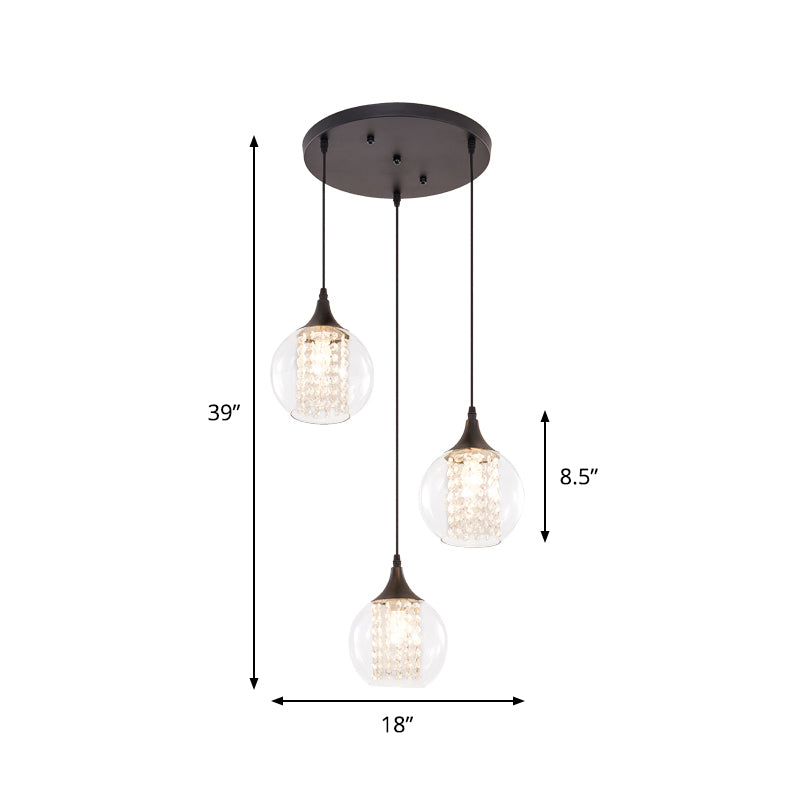 Simple Style Globe Multi Ceiling Light Clear Glass 3 Bulbs Dining Room Hanging Lamp in Black, Round/Linear Canopy Clearhalo 'Ceiling Lights' 'Glass shade' 'Glass' 'Modern Pendants' 'Modern' 'Pendant Lights' 'Pendants' Lighting' 982666
