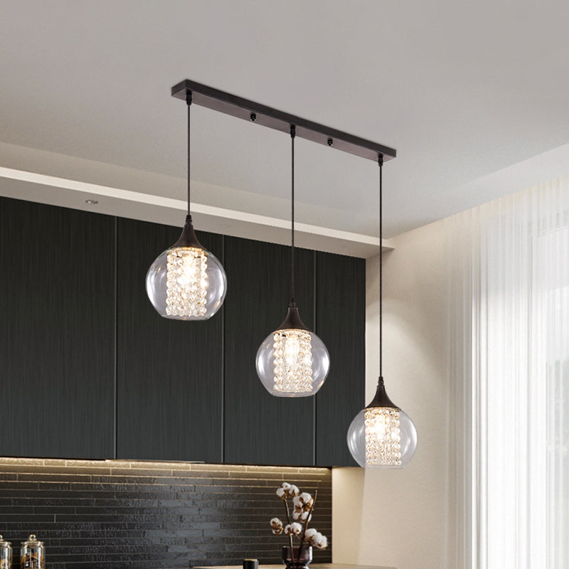 Simple Style Globe Multi Ceiling Light Clear Glass 3 Bulbs Dining Room Hanging Lamp in Black, Round/Linear Canopy Clearhalo 'Ceiling Lights' 'Glass shade' 'Glass' 'Modern Pendants' 'Modern' 'Pendant Lights' 'Pendants' Lighting' 982668