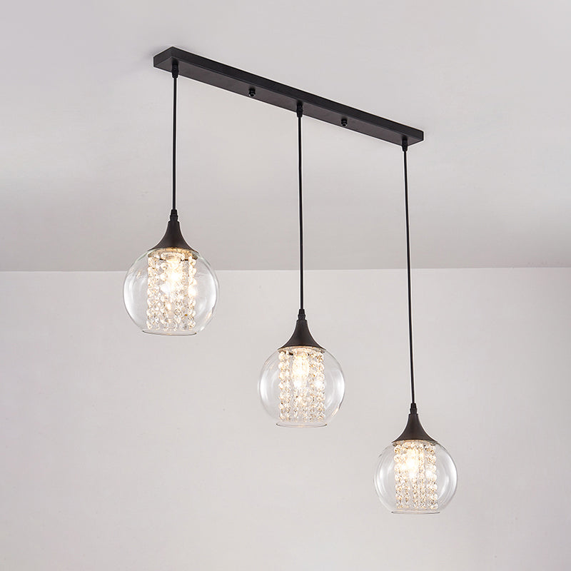 Simple Style Globe Multi Ceiling Light Clear Glass 3 Bulbs Dining Room Hanging Lamp in Black, Round/Linear Canopy Clearhalo 'Ceiling Lights' 'Glass shade' 'Glass' 'Modern Pendants' 'Modern' 'Pendant Lights' 'Pendants' Lighting' 982669