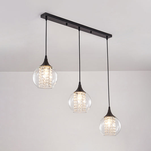 Simple Style Globe Multi Ceiling Light Clear Glass 3 Bulbs Dining Room Hanging Lamp in Black, Round/Linear Canopy Clearhalo 'Ceiling Lights' 'Glass shade' 'Glass' 'Modern Pendants' 'Modern' 'Pendant Lights' 'Pendants' Lighting' 982669