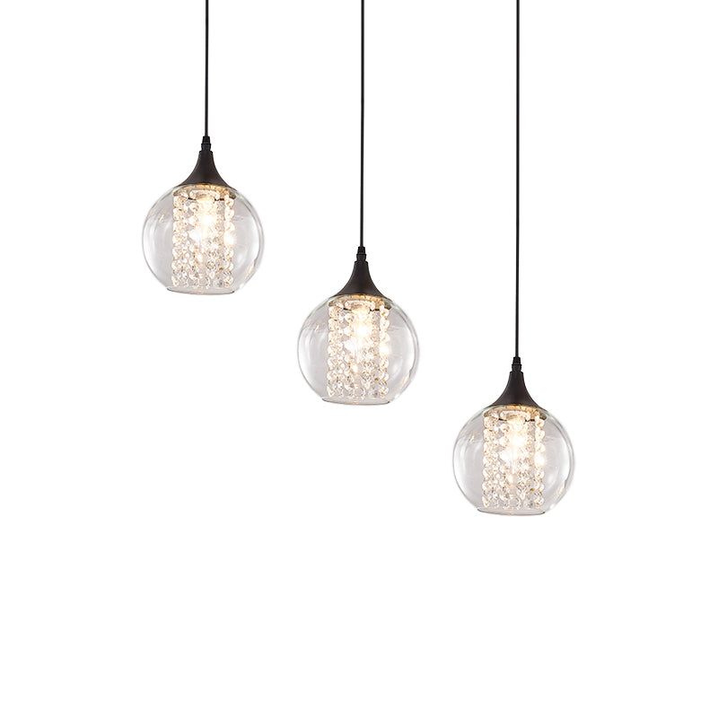 Simple Style Globe Multi Ceiling Light Clear Glass 3 Bulbs Dining Room Hanging Lamp in Black, Round/Linear Canopy Clearhalo 'Ceiling Lights' 'Glass shade' 'Glass' 'Modern Pendants' 'Modern' 'Pendant Lights' 'Pendants' Lighting' 982670