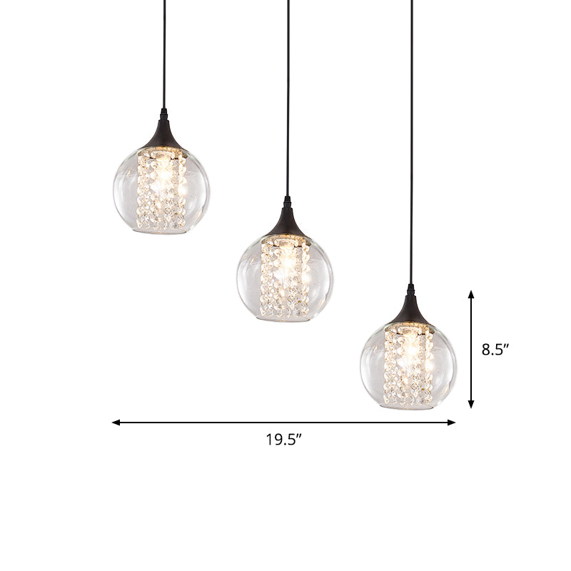 Simple Style Globe Multi Ceiling Light Clear Glass 3 Bulbs Dining Room Hanging Lamp in Black, Round/Linear Canopy Clearhalo 'Ceiling Lights' 'Glass shade' 'Glass' 'Modern Pendants' 'Modern' 'Pendant Lights' 'Pendants' Lighting' 982671