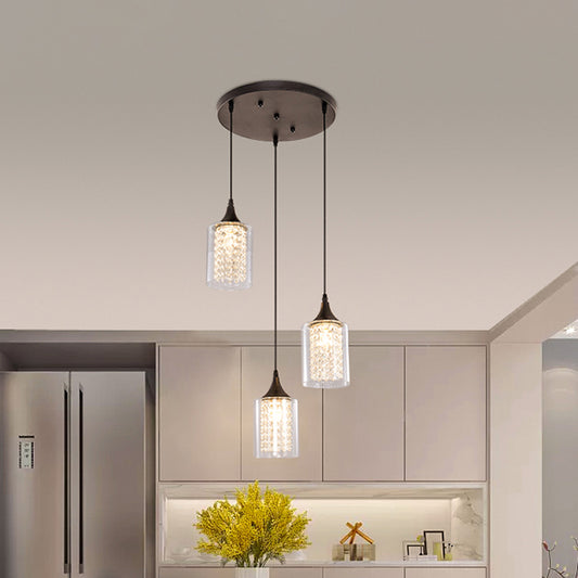 Clear Glass Cylinder Multiple Hanging Light Minimalist 3-Light Black Pendulum Lamp with Linear/Round Canopy Black Round Clearhalo 'Ceiling Lights' 'Close To Ceiling Lights' 'Glass shade' 'Glass' 'Modern Pendants' 'Modern' 'Pendant Lights' 'Pendants' Lighting' 982672