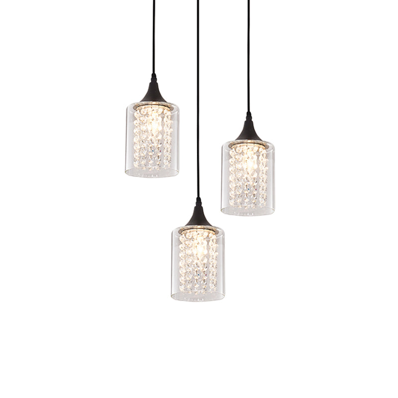 Clear Glass Cylinder Multiple Hanging Light Minimalist 3-Light Black Pendulum Lamp with Linear/Round Canopy Clearhalo 'Ceiling Lights' 'Close To Ceiling Lights' 'Glass shade' 'Glass' 'Modern Pendants' 'Modern' 'Pendant Lights' 'Pendants' Lighting' 982674