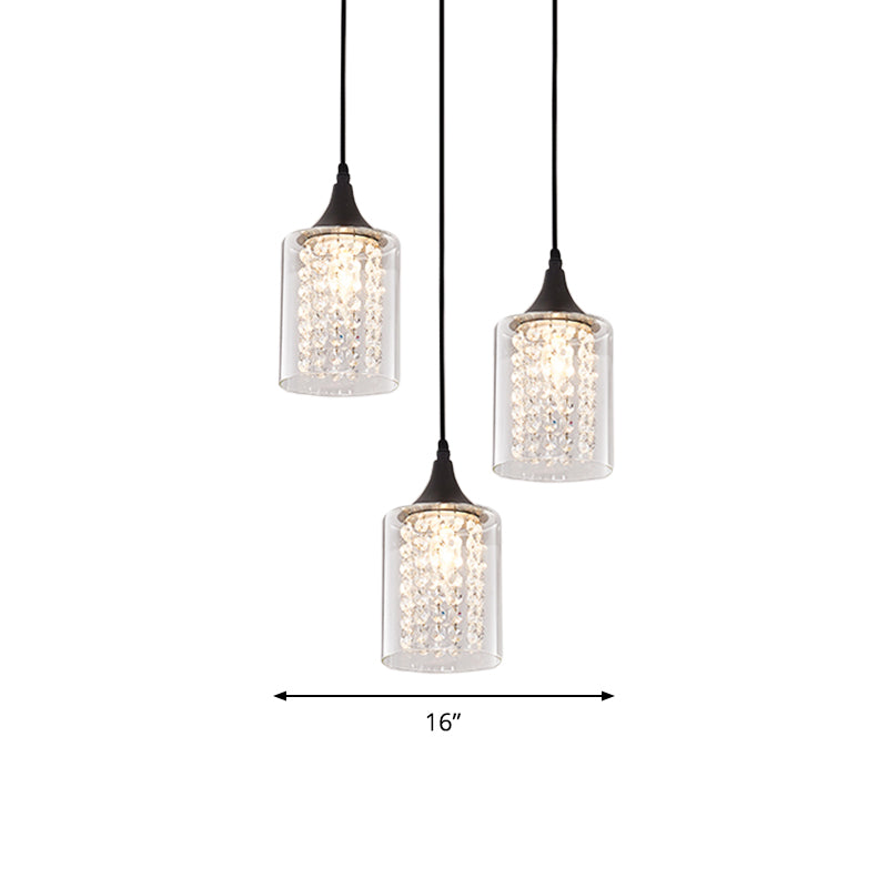 Clear Glass Cylinder Multiple Hanging Light Minimalist 3-Light Black Pendulum Lamp with Linear/Round Canopy Clearhalo 'Ceiling Lights' 'Close To Ceiling Lights' 'Glass shade' 'Glass' 'Modern Pendants' 'Modern' 'Pendant Lights' 'Pendants' Lighting' 982675