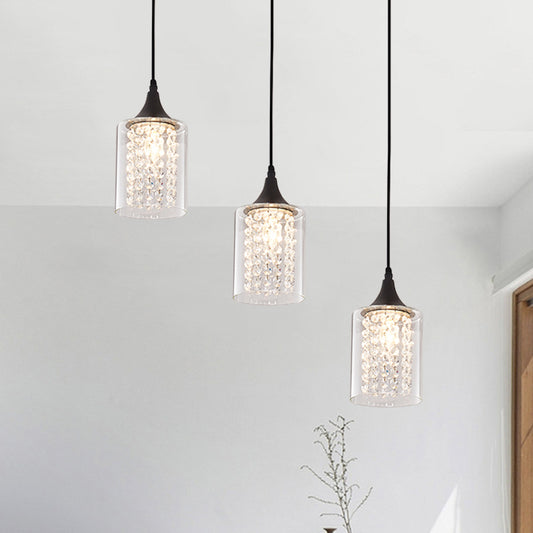 Clear Glass Cylinder Multiple Hanging Light Minimalist 3-Light Black Pendulum Lamp with Linear/Round Canopy Black Linear Clearhalo 'Ceiling Lights' 'Close To Ceiling Lights' 'Glass shade' 'Glass' 'Modern Pendants' 'Modern' 'Pendant Lights' 'Pendants' Lighting' 982676