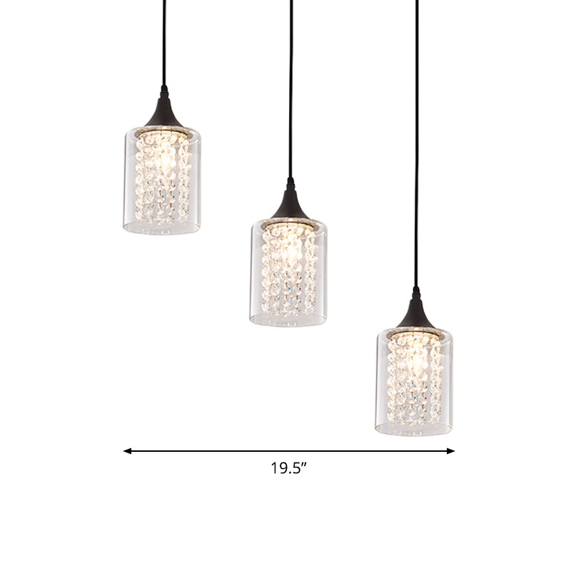Clear Glass Cylinder Multiple Hanging Light Minimalist 3-Light Black Pendulum Lamp with Linear/Round Canopy Clearhalo 'Ceiling Lights' 'Close To Ceiling Lights' 'Glass shade' 'Glass' 'Modern Pendants' 'Modern' 'Pendant Lights' 'Pendants' Lighting' 982680