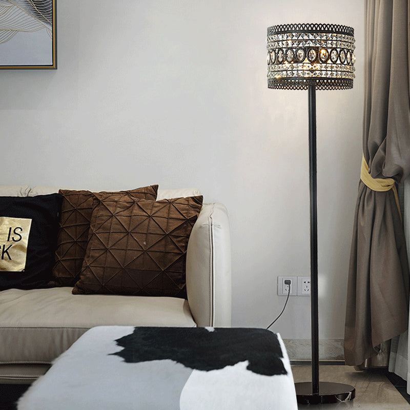 1 Bulb Living Room Floor Stand Light Modern Black Floor Lamp with Drum Crystal-Encrusted Shade Black Clearhalo 'Floor Lamps' 'Lamps' Lighting' 982761
