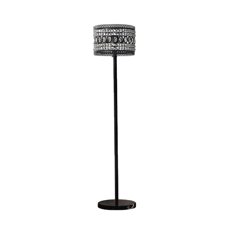 1 Bulb Living Room Floor Stand Light Modern Black Floor Lamp with Drum Crystal-Encrusted Shade Clearhalo 'Floor Lamps' 'Lamps' Lighting' 982762