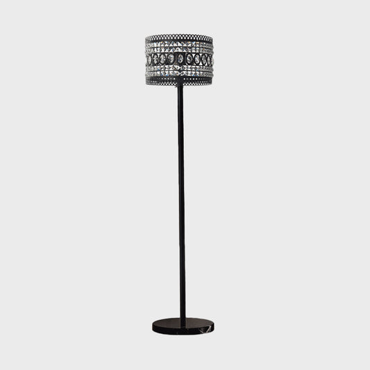 1 Bulb Living Room Floor Stand Light Modern Black Floor Lamp with Drum Crystal-Encrusted Shade Clearhalo 'Floor Lamps' 'Lamps' Lighting' 982763