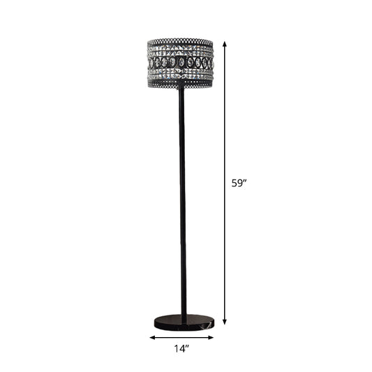 1 Bulb Living Room Floor Stand Light Modern Black Floor Lamp with Drum Crystal-Encrusted Shade Clearhalo 'Floor Lamps' 'Lamps' Lighting' 982764