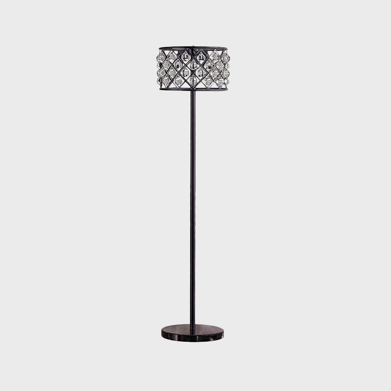 Black Finish Drum Standard Light with Grid Design Modernism 3 Lights Crystal Drip Floor Lamp Clearhalo 'Floor Lamps' 'Lamps' Lighting' 982767