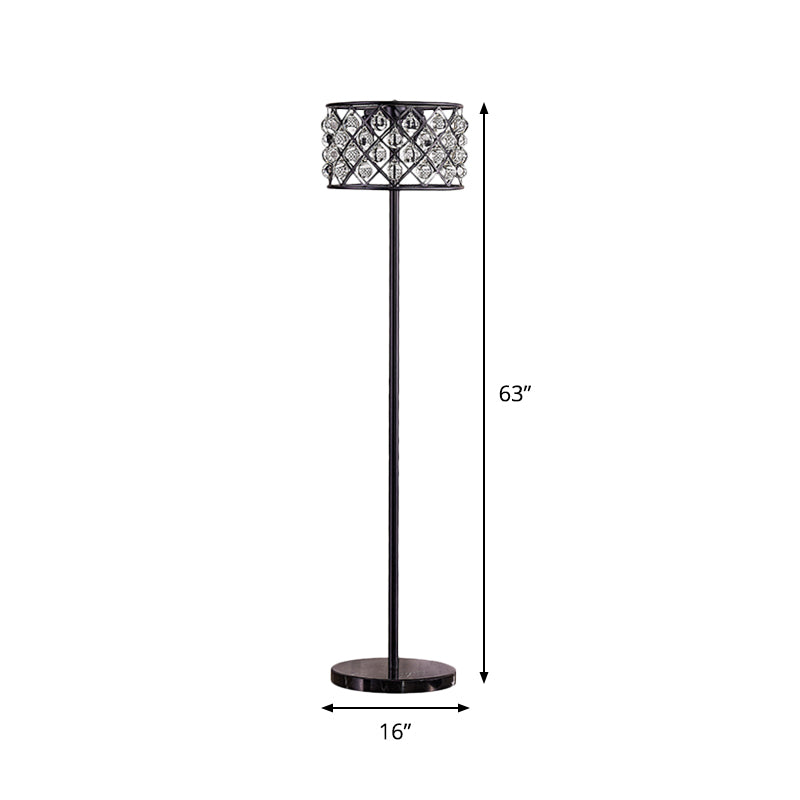 Black Finish Drum Standard Light with Grid Design Modernism 3 Lights Crystal Drip Floor Lamp Clearhalo 'Floor Lamps' 'Lamps' Lighting' 982768